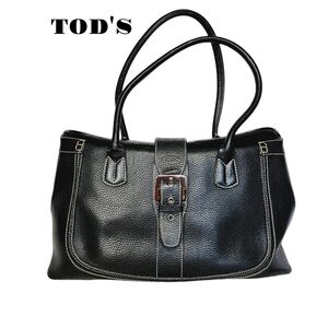 Tod's Double Handle Pebbled Leather  Buckle Satchel Tote Bag.